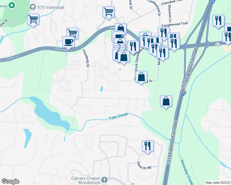 map of restaurants, bars, coffee shops, grocery stores, and more near 610 Astor Way in Woodstock