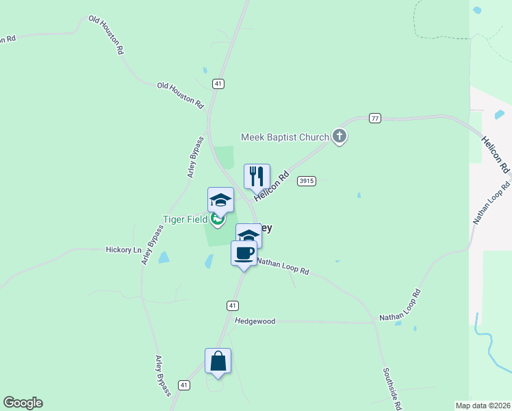 map of restaurants, bars, coffee shops, grocery stores, and more near 6615 County Road 41 in Arley