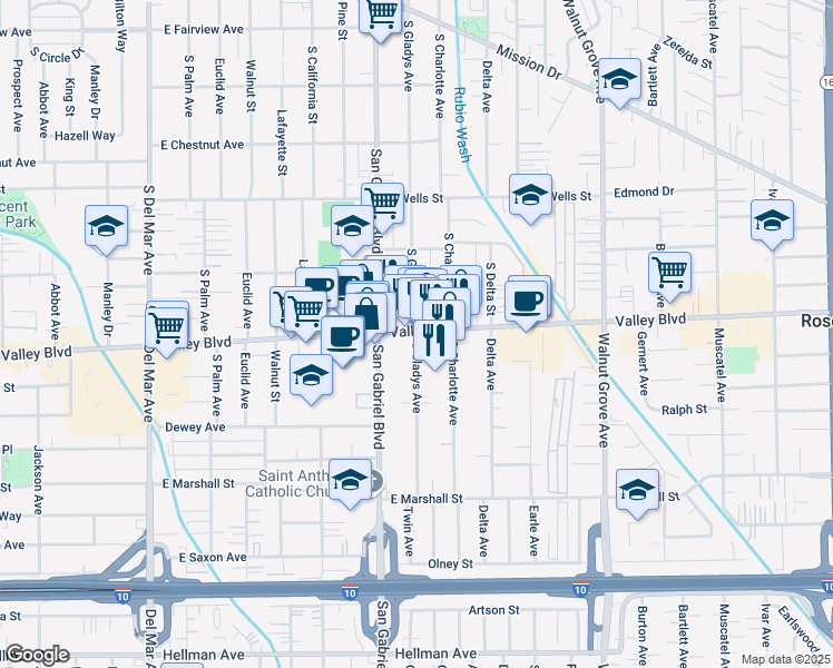 map of restaurants, bars, coffee shops, grocery stores, and more near 1602 South Gladys Avenue in San Gabriel