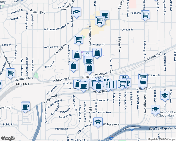 map of restaurants, bars, coffee shops, grocery stores, and more near in Alhambra