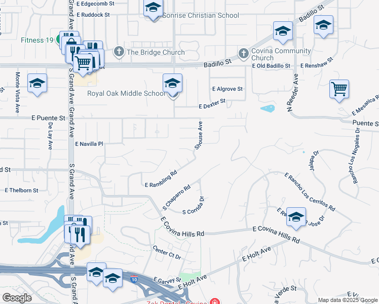 map of restaurants, bars, coffee shops, grocery stores, and more near 20030 Squire Drive in Covina