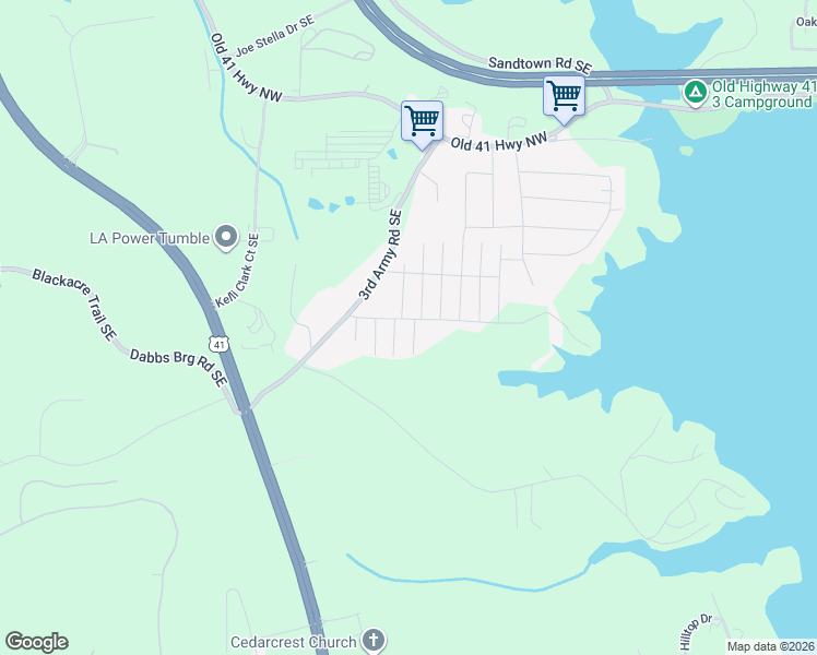 map of restaurants, bars, coffee shops, grocery stores, and more near 132 Oak Beach Drive Southeast in Acworth