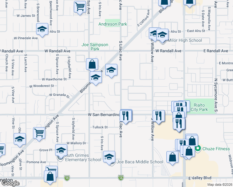 map of restaurants, bars, coffee shops, grocery stores, and more near 1167 South Park Avenue in Rialto
