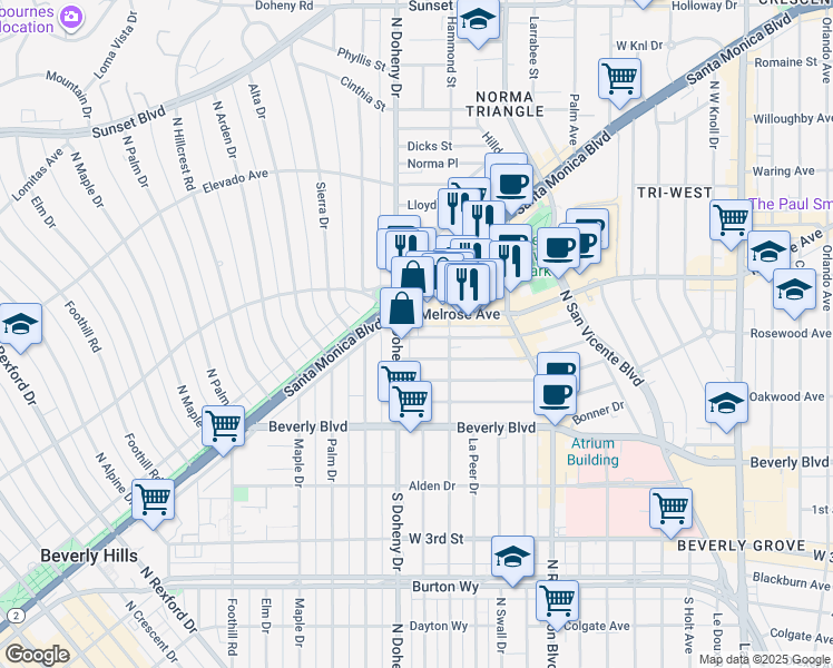 map of restaurants, bars, coffee shops, grocery stores, and more near 9036 Rangely Avenue in Los Angeles