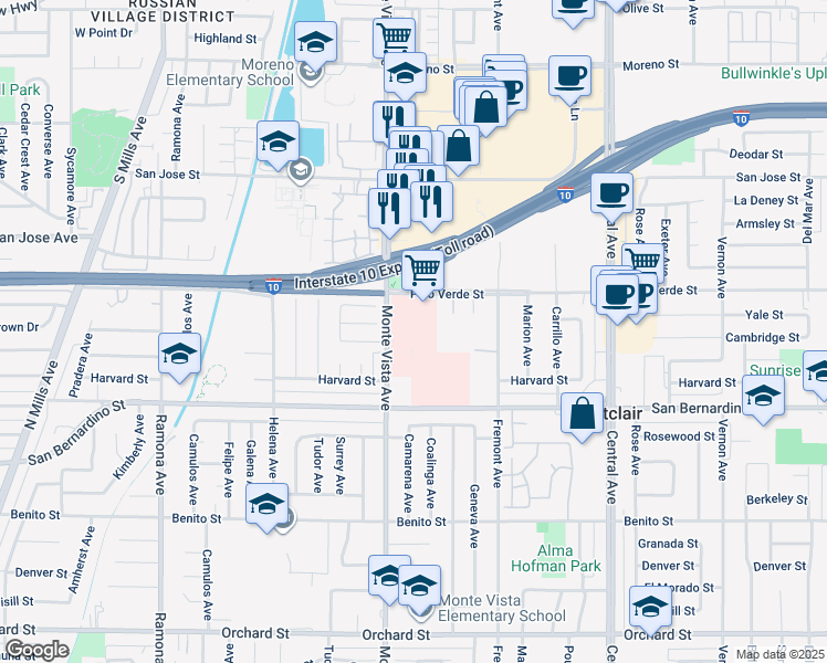 map of restaurants, bars, coffee shops, grocery stores, and more near 9645 Monte Vista Ave in Montclair