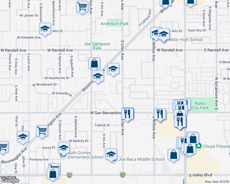 map of restaurants, bars, coffee shops, grocery stores, and more near 1167 South Park Avenue in Rialto