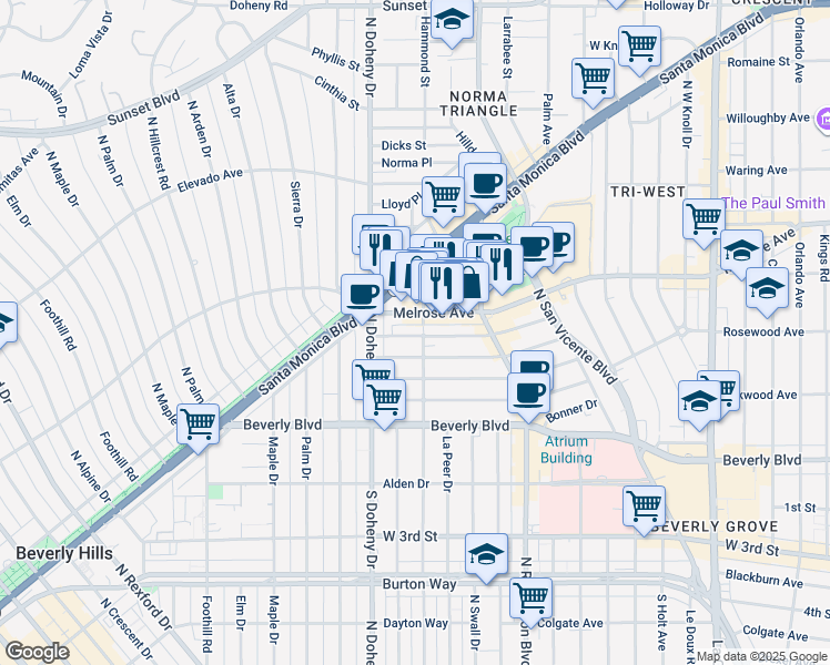 map of restaurants, bars, coffee shops, grocery stores, and more near 9007 Rangely Avenue in West Hollywood