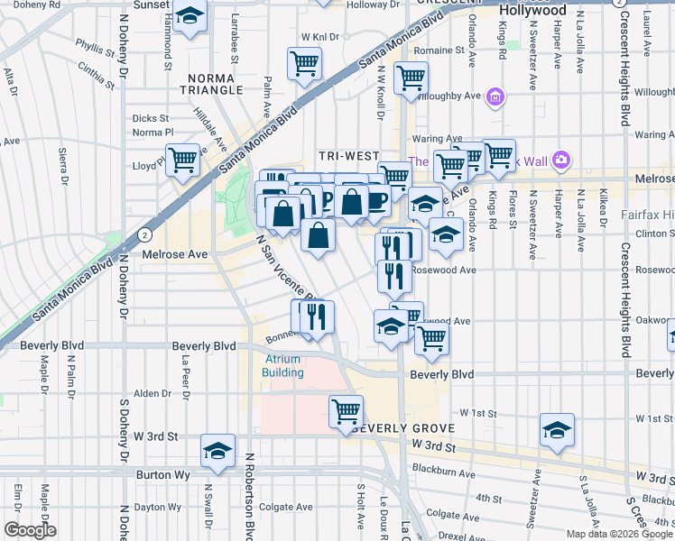 map of restaurants, bars, coffee shops, grocery stores, and more near 502 Huntley Drive in West Hollywood
