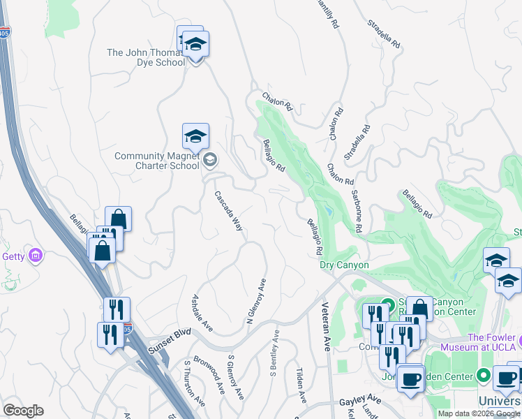 map of restaurants, bars, coffee shops, grocery stores, and more near 667 Ledo Way in Los Angeles