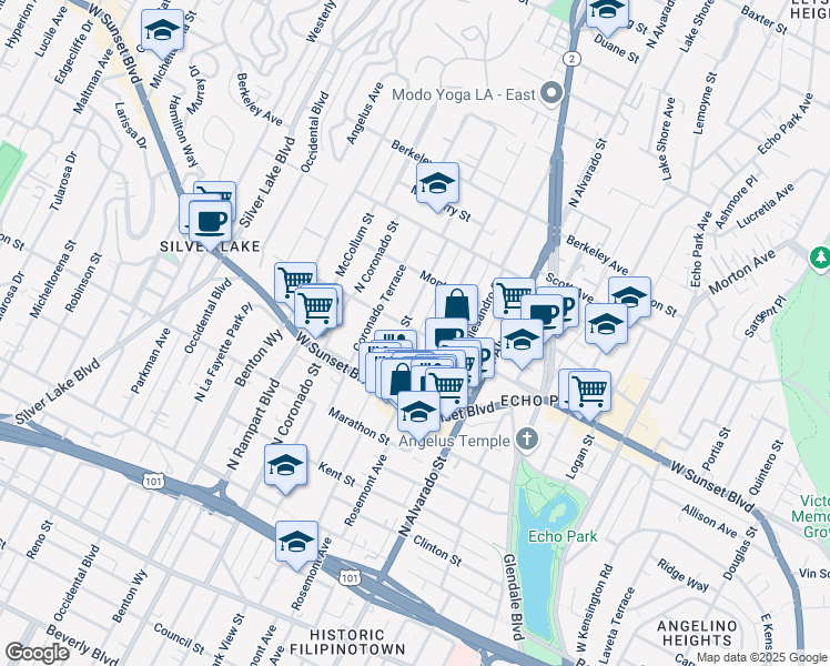 map of restaurants, bars, coffee shops, grocery stores, and more near 2208 Reservoir Street in Los Angeles