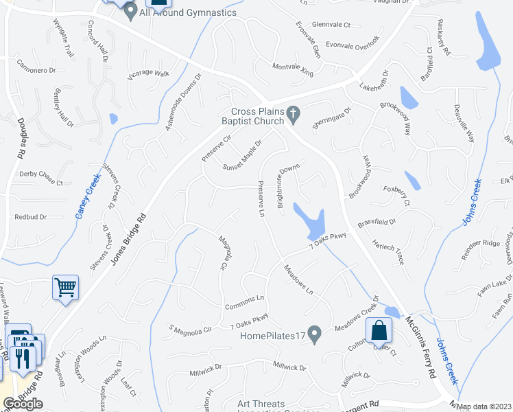 map of restaurants, bars, coffee shops, grocery stores, and more near 12370 Preserve Lane in Alpharetta