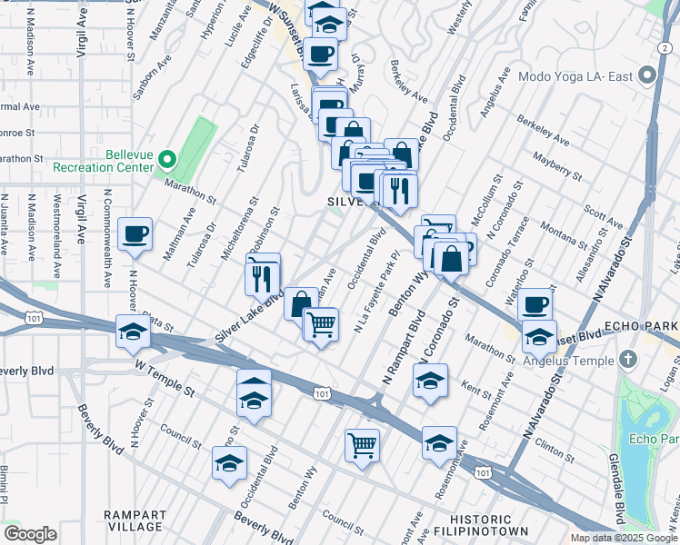 map of restaurants, bars, coffee shops, grocery stores, and more near 2916 Marathon Street in Los Angeles