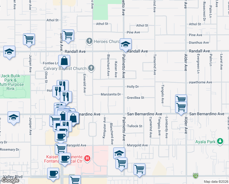 map of restaurants, bars, coffee shops, grocery stores, and more near 17238 Manzanita Drive in Fontana