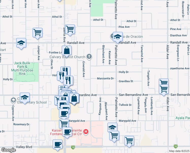 map of restaurants, bars, coffee shops, grocery stores, and more near 17134 Manzanita Drive in Fontana