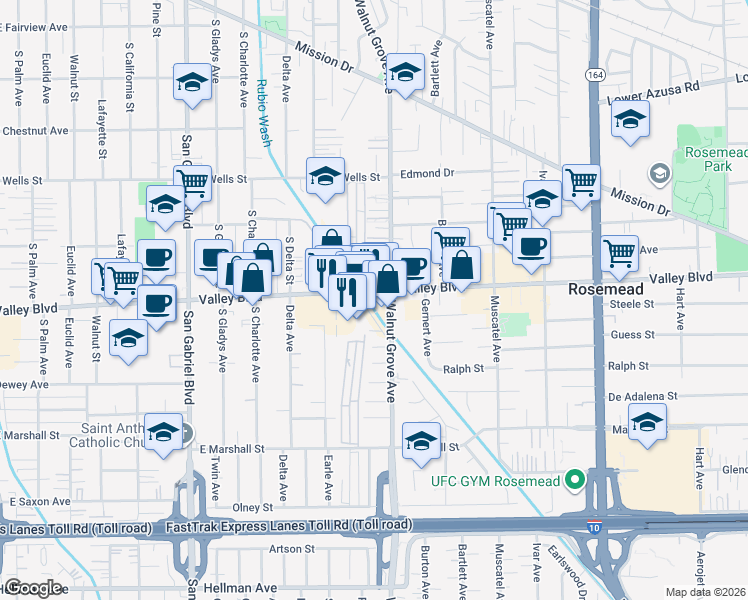 map of restaurants, bars, coffee shops, grocery stores, and more near 8526 Valley Boulevard in Rosemead