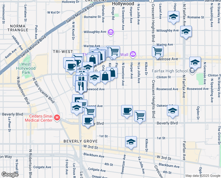 map of restaurants, bars, coffee shops, grocery stores, and more near Kings Road in West Hollywood