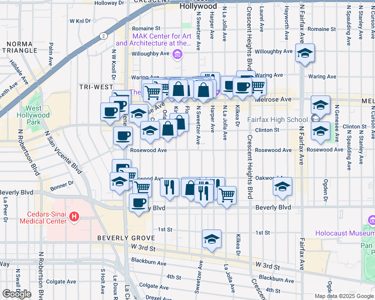 map of restaurants, bars, coffee shops, grocery stores, and more near Flores Street in West Hollywood