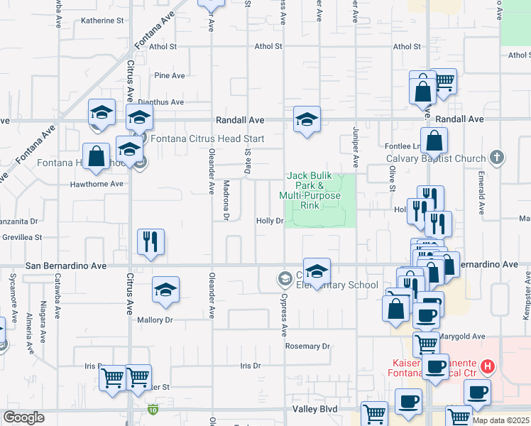 map of restaurants, bars, coffee shops, grocery stores, and more near 9568 Toyon Avenue in Fontana