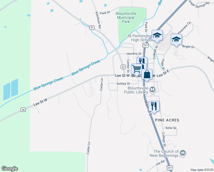 map of restaurants, bars, coffee shops, grocery stores, and more near 280 Ashley Street in Blountsville
