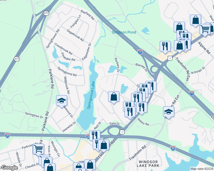 map of restaurants, bars, coffee shops, grocery stores, and more near 124 Lindevon Lane in Columbia