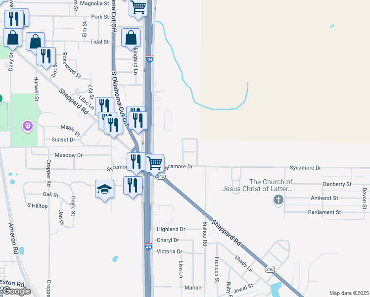 map of restaurants, bars, coffee shops, grocery stores, and more near 913 Patricia Street in Burkburnett