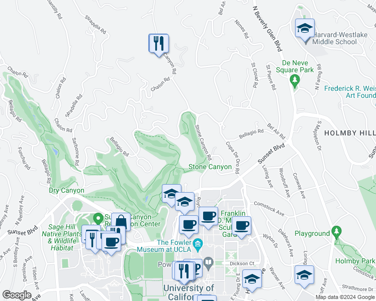 map of restaurants, bars, coffee shops, grocery stores, and more near 10644 Bellagio Road in Los Angeles