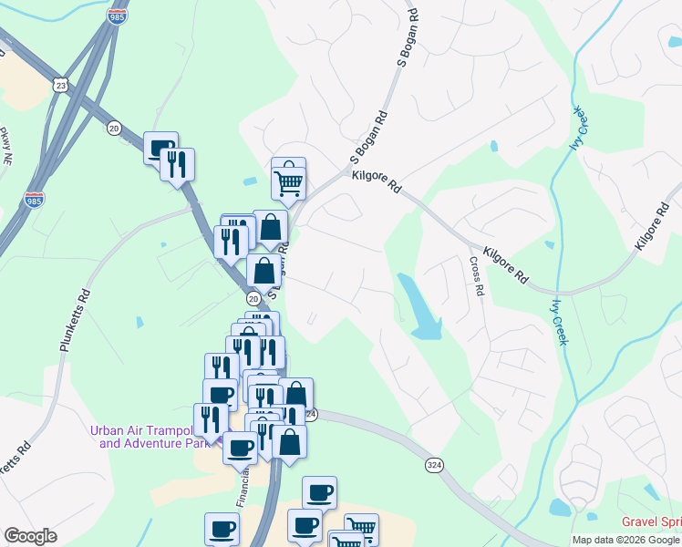 map of restaurants, bars, coffee shops, grocery stores, and more near 1971 Wessington Court in Buford