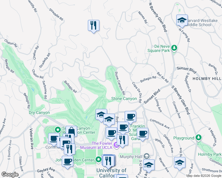 map of restaurants, bars, coffee shops, grocery stores, and more near 10644 Bellagio Road in Los Angeles