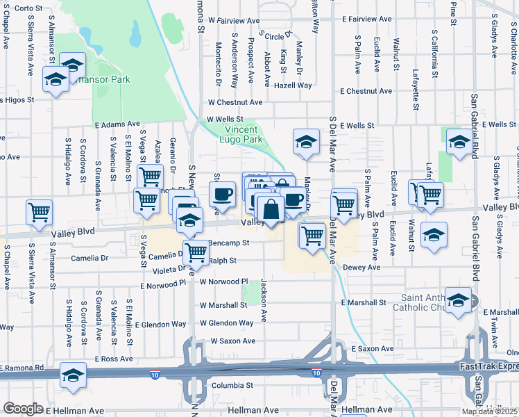 map of restaurants, bars, coffee shops, grocery stores, and more near 301 West Valley Boulevard in San Gabriel