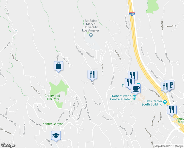 map of restaurants, bars, coffee shops, grocery stores, and more near 1130 North Bundy Drive in Los Angeles