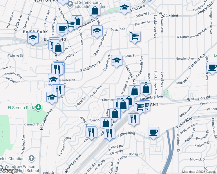 map of restaurants, bars, coffee shops, grocery stores, and more near 2944 Haven Street in Los Angeles