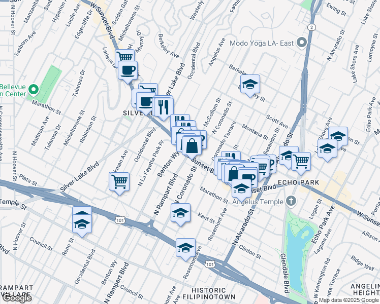 map of restaurants, bars, coffee shops, grocery stores, and more near 2501 Sunset Boulevard in Los Angeles