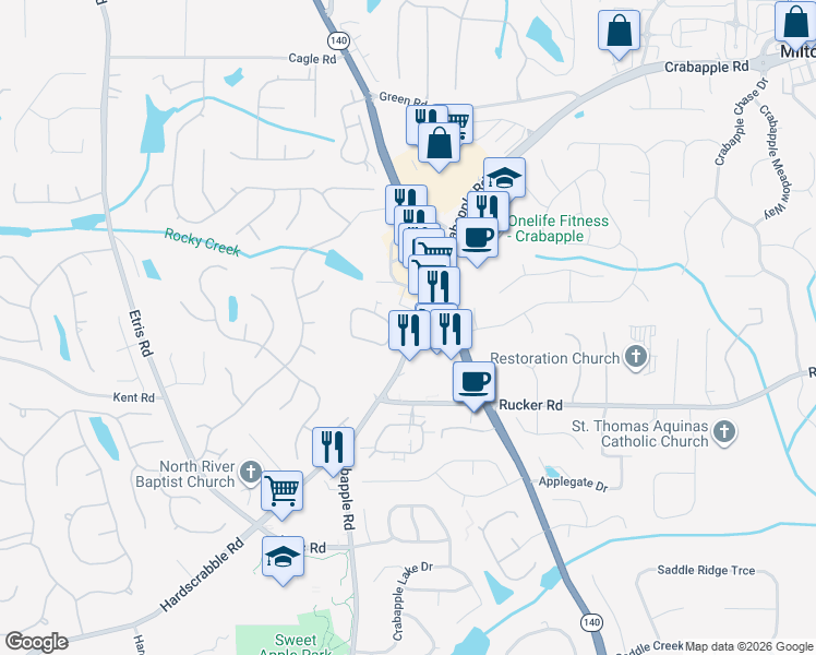 map of restaurants, bars, coffee shops, grocery stores, and more near 300 Sweet Apple Circle in Alpharetta