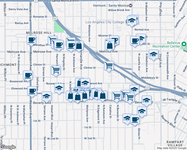 map of restaurants, bars, coffee shops, grocery stores, and more near 539 Alexandria Avenue in Los Angeles