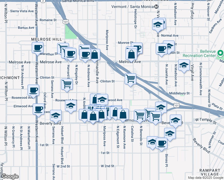 map of restaurants, bars, coffee shops, grocery stores, and more near 539 Alexandria Avenue in Los Angeles