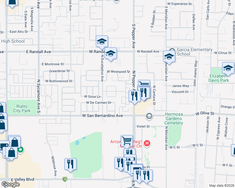 map of restaurants, bars, coffee shops, grocery stores, and more near 1803 Runaway Circle in Colton