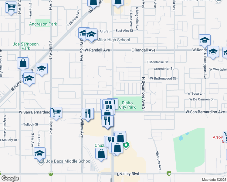 map of restaurants, bars, coffee shops, grocery stores, and more near 1118 South Riverside Avenue in Rialto