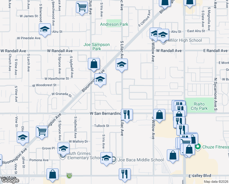 map of restaurants, bars, coffee shops, grocery stores, and more near 1167 South Park Avenue in Rialto
