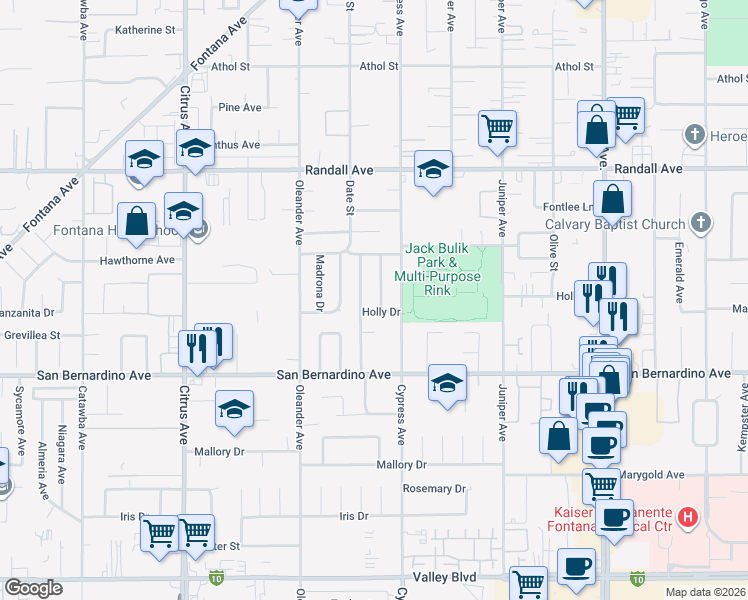 map of restaurants, bars, coffee shops, grocery stores, and more near 9568 Toyon Avenue in Fontana