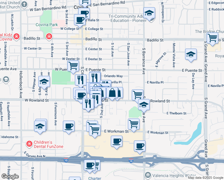 map of restaurants, bars, coffee shops, grocery stores, and more near 529 1/2 South Eremland Drive in Covina