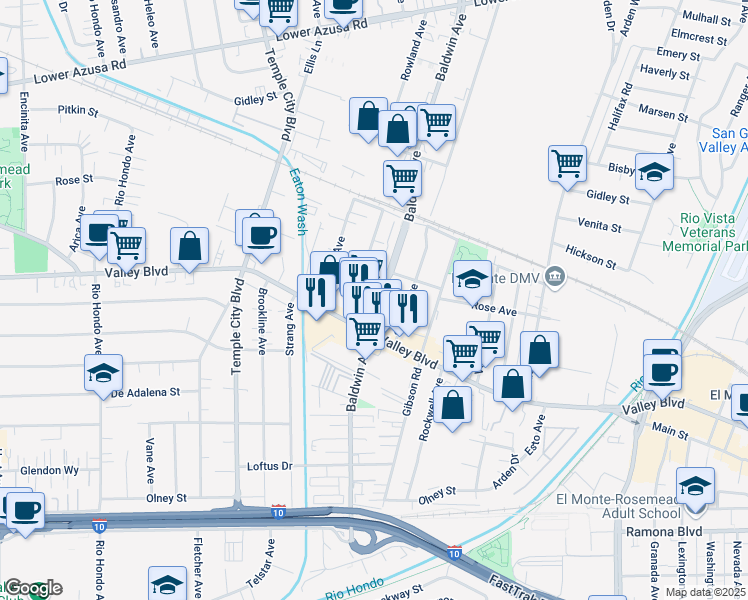 map of restaurants, bars, coffee shops, grocery stores, and more near 3933 Baldwin Avenue in El Monte