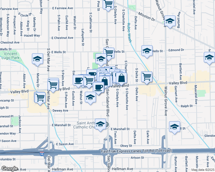 map of restaurants, bars, coffee shops, grocery stores, and more near 800 East Valley Boulevard in San Gabriel