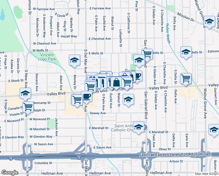 map of restaurants, bars, coffee shops, grocery stores, and more near 309E East Valley Boulevard in San Gabriel