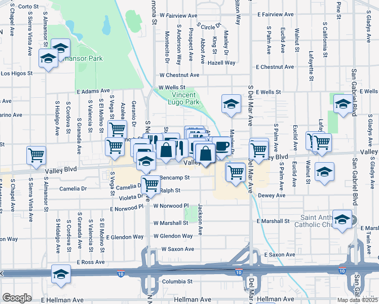 map of restaurants, bars, coffee shops, grocery stores, and more near 1551 Prospect Avenue in San Gabriel