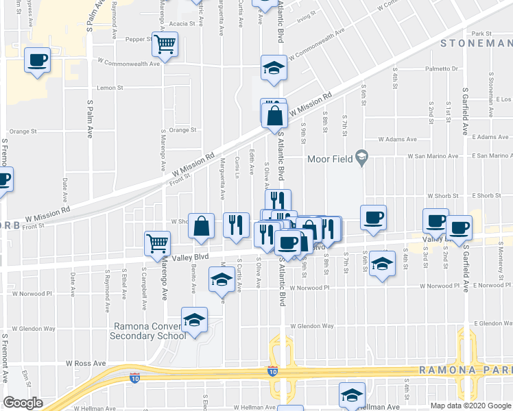 map of restaurants, bars, coffee shops, grocery stores, and more near 1103 South Olive Avenue in Alhambra