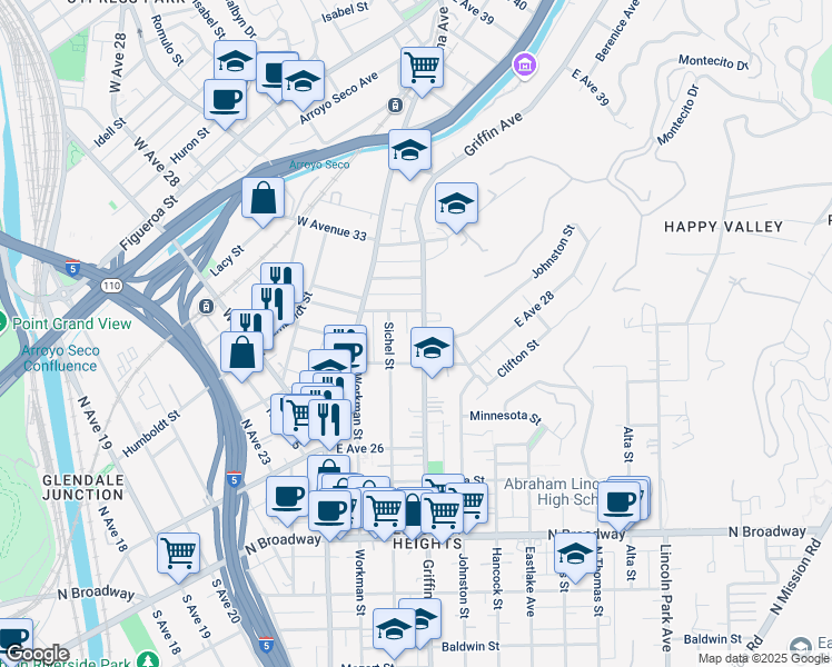 map of restaurants, bars, coffee shops, grocery stores, and more near 2821 Griffin Avenue in Los Angeles