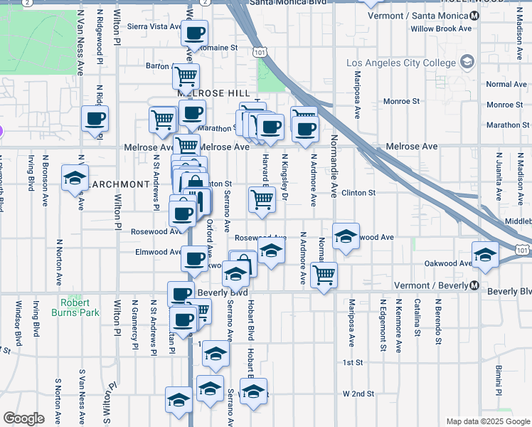 map of restaurants, bars, coffee shops, grocery stores, and more near 4607 West Maplewood Avenue in Los Angeles