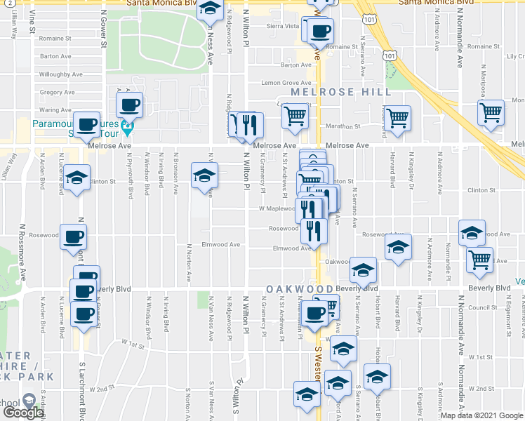 map of restaurants, bars, coffee shops, grocery stores, and more near 5030 West Maplewood Avenue in Los Angeles