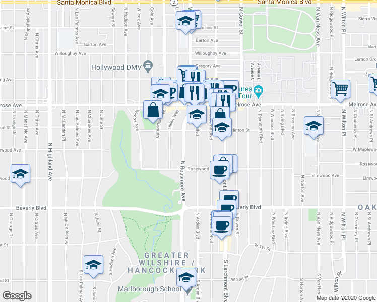 map of restaurants, bars, coffee shops, grocery stores, and more near 535 North Rossmore Avenue in Los Angeles