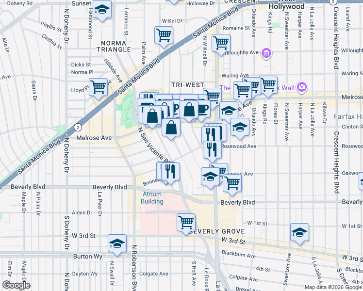map of restaurants, bars, coffee shops, grocery stores, and more near 502 Huntley Drive in West Hollywood